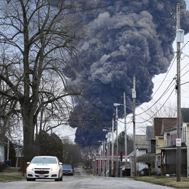  A black plume rises over East Palestine, Ohio, as a result of a controlled detonation of a portion of the derailed Norfolk Southern train.