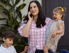 Business Chicks’ community manager Rebecca Bodman, with children Lily and Max, has cut her work by 25 per cent to cope with extra care and home duties.
