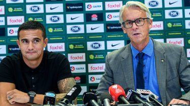 Legend departs: Tim Cahill with FFA CEO David Gallop at the announcement for his international farewell appearance against Lebanon.