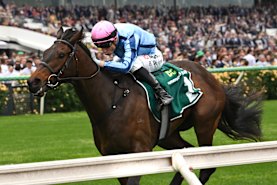 Blake Shinn riding True Rebel to a win in race three on Cox Plate day.