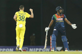 Australia’s Josh Hazlewood celebrates the dismissal of Danushka Gunathilaka.