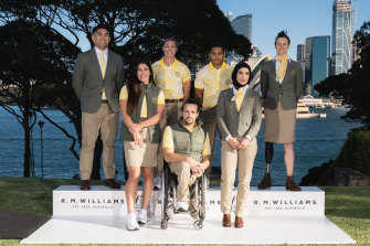 Athletes at the Commonwealth Games uniform unveiling at Admiralty House, Sydney. Top: Ridge Barredo, Weightlifting; Sharni Williams, Rugby 7’s; Maurice Longbottom, Rugby 7’s; Ellie Cole, Para-swimming. Bottom: Charlotte Caslick, Rugby 7’s; Jake Lappin, Para-athletics; Tina Rahimi, Boxing.