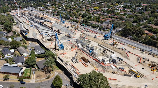 An aerial view of works on the North East Link on Friday.