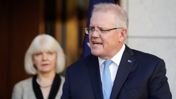 National Mental Health Commission boss Christine Morgan and Prime Minister Scott Morrison announcing additional mental health funding.