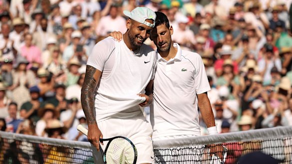 Foes-turned-friends Nick Kyrgios and Novak Djokovic embrace at the net after the Serb’s 2022 Wimbledon final victory.
