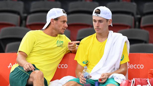 Master and apprentice: Lleyton Hewitt and Alex De Minaur on Davis Cup duty.