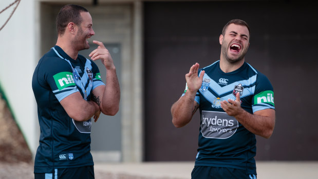 Fun and games: Boyd Cordner and Wade Graham enjoy a laugh at Blues training in Perth on Wednesday.