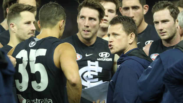 Tough going: Blues coach Brendon Bolton does his best to rally his men against Fremantle on Saturday. 