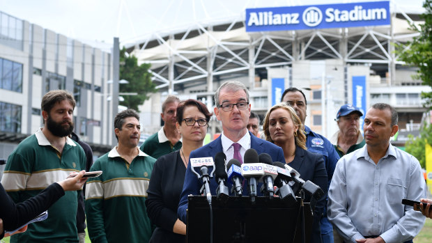 NSW Opposition Leader Michael Daley speaks to the media outside Allianz Stadium on Thursday. 
