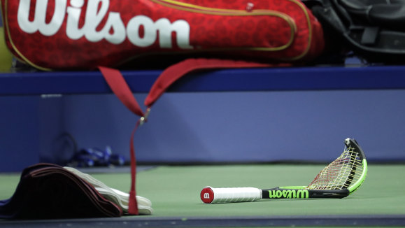 Serena Williams' broken racquet after she slammed it into the court during the women's US Open final against Naomi Osaka in New York on Saturday.