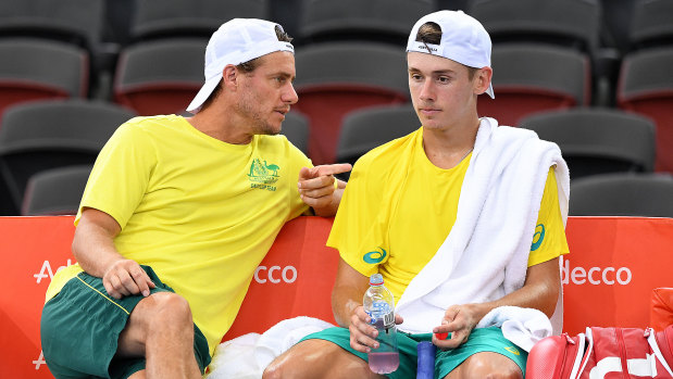Master and apprentice: Lleyton Hewitt and Alex De Minaur on Davis Cup duty.