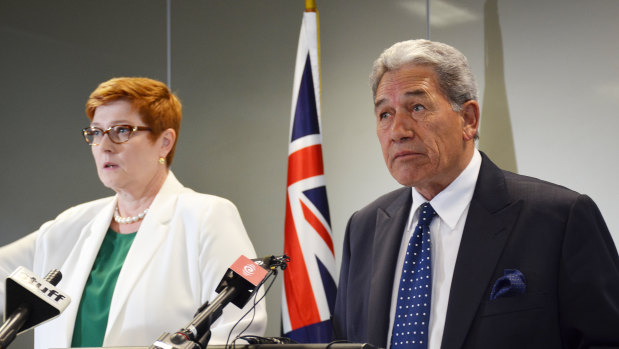 Australian Foreign Affairs Minister Marise Payne and New Zealand's Foreign Minister and Deputy Prime Minister Winston Peters after their first twice-yearly bilateral meeting in Auckland on Saturday.