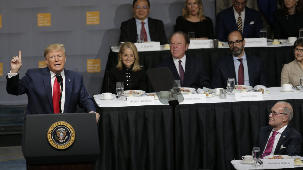 US President Donald Trump speaks during a meeting of the Economic Club of New York.