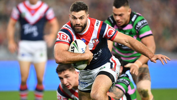 Power game: James Tedesco generates some speed against the Rabbitohs.