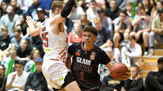 Drawcard: LaMelo Ball in action for the Hawks during the NBL Blitz match against Perth Wildcats in Kingborough, Tasmania on Friday.