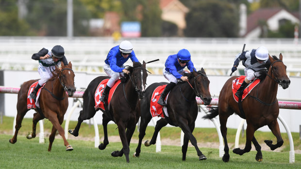 Damian Lane rides Lyre (second left) to victory in race 6, Ladbrokes Blue Diamond Prelude for Fillies, at Caulfield.