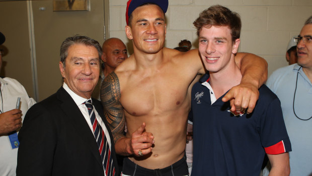 Heavy hitters: Sonny Bill Williams with Nick Politis and David Gyngell after the 2013 grand final win by the Roosters.