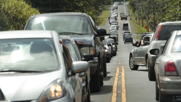 Traffic is stalled along Highway 132 as Leilani Estates residents wait to return to their homes to gather vital belongings and animals this month.