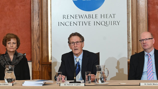 Inquiry chairman Sir Patrick Coghlin accompanied by Dame Una OBrien, panel member, and Dr Keith MacLean, technical assessor, present the findings of the Renewable Heat Incentive (RHI) Inquiry on Friday.