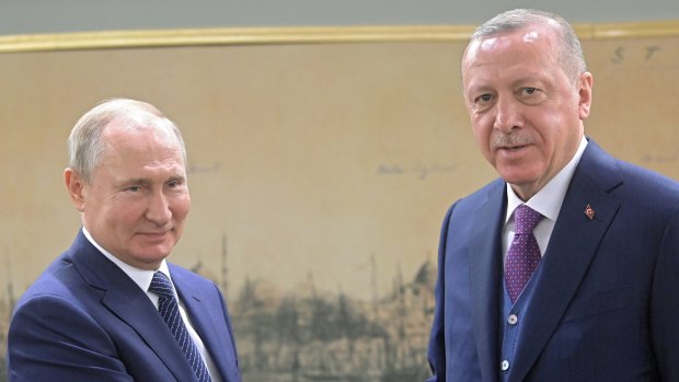 Turkish President Recep Tayyip Erdogan  and Russian President Vladimir Putin, leaders of two countries at odds over Syria.