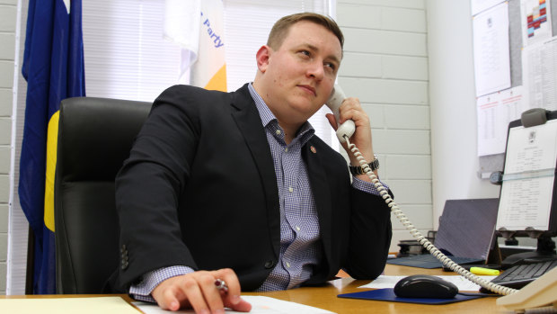 WA Liberal Democrat Aaron Stonehouse MLC, pictured in his office, has a policy of refusing to accept "unscheduled phone calls".