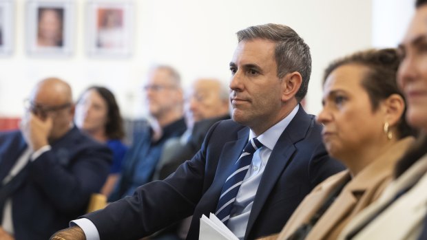 Treasurer Jim Chalmers at a meeting of Labor MPs on Monday, ahead of delivering his third budget.