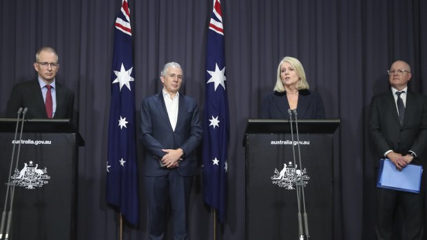 Communications Minister Paul Fletcher, Telstra CEO Andrew Penn, Home Affairs Minister Karen Andrews and Optus vice president Andrew Sheridan.