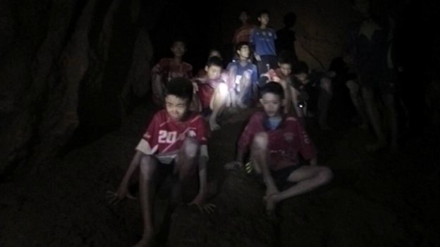 The first sighting of the 12 soccer players trapped in Thailand's Tham Luang cave complex.