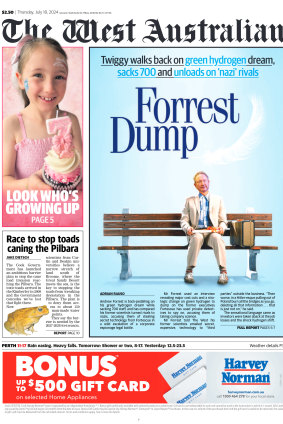 The front page of The West Australian on Thursday.