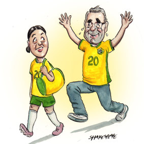 Keeping the ball rolling: Sam Kerr and Stephen Conroy.
