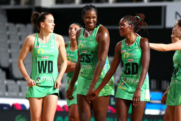 Jhaniele Fowler (centre) and the Fever were too strong for the Vixens in their postponed meeting.