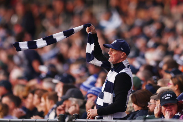 Geelong fans soaking up the atmosphere at GMHBA Stadium.