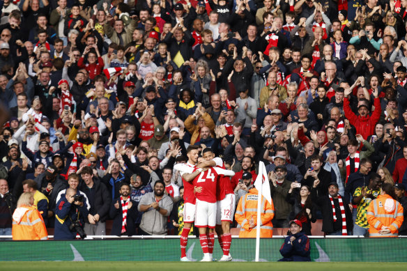 Arsenal’s Reiss Nelson celebrates scoring his side’s second goal against Nottingham Forrest.