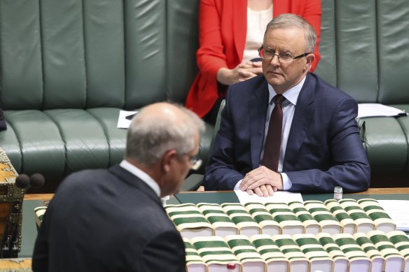 Prime Minister Scott Morrison and Opposition Leader Anthony Albanese during Question Time at Parliament House in Canberra.