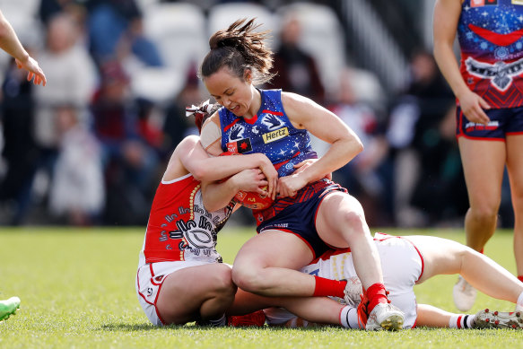Daisy Pearce in action in her Narrm guernsey against St Kilda during the AFLW’s Indigenous round.