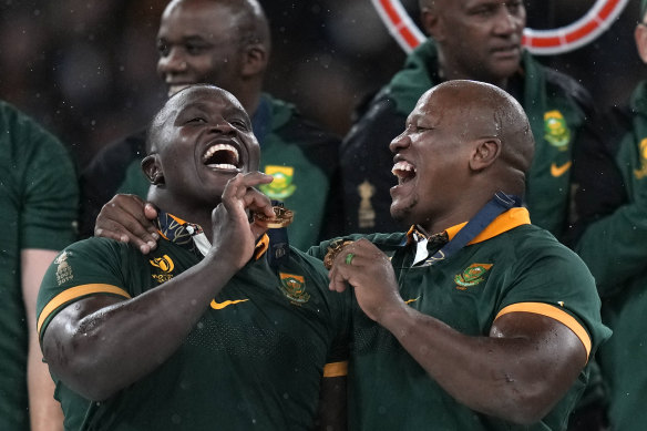 South Africa’s Trevor Nyakane, left, and Mbongeni Mbonambi celebrate.