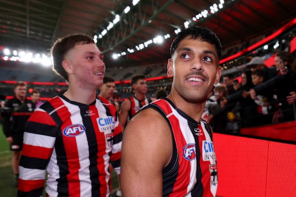 St Kilda’s Nasiah Wanganeen-Milera (right) celebrates the win over Essendon.