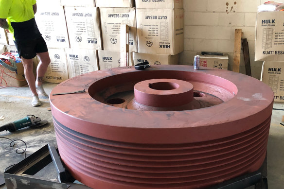 An industrial pulley, imported from China, allegedly containing 233kg of methamphetamine has been intercepted by authorities. Four males have been arrested after a raid at Wetherill Park.