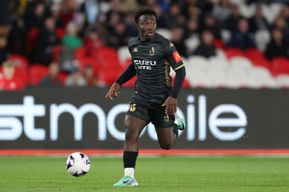 Nestory Irankunda on the run for the  A-League All Stars Men against Newcastle United FC at Marvel Stadium on Friday night.