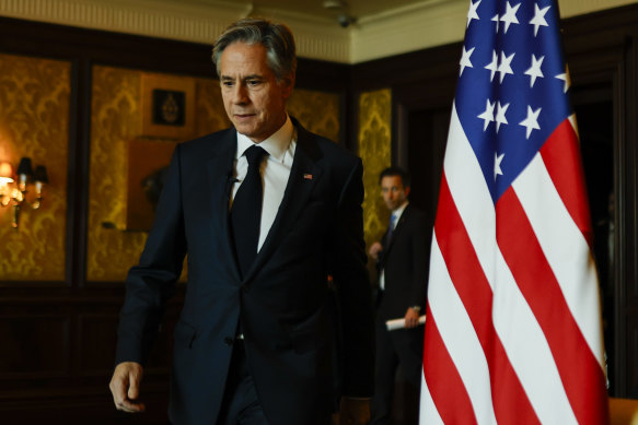 US Secretary of State Antony Blinken arrives to speak to the media in New Delhi, India.