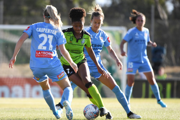 Canberra's Simone Charley in action against Melbourne City. 