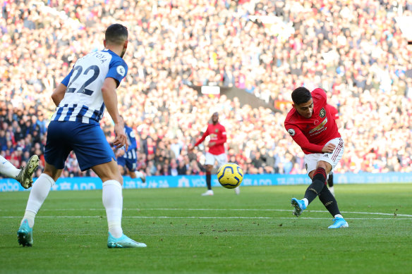 Andreas Pereira strikes for Manchester United against Brighton at Old Trafford on Sunday.