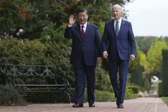 China’s President Xi Jinping and US President Joe Biden walk in the gardens at the Filoli Estate in California on the sidelines of APEC earlier this month.