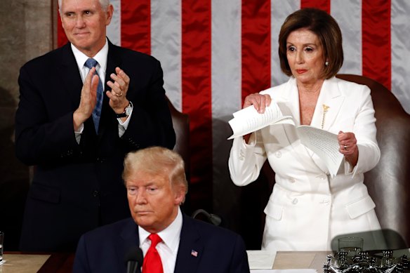 Nancy Pelosi tears up her copy of President Donald Trump’s State of the Union address in 2020. 