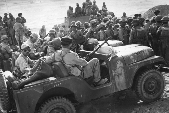 Israeli troops in the Sinai Desert after capturing the Gaza Strip during the Suez Crisis of 1956. 