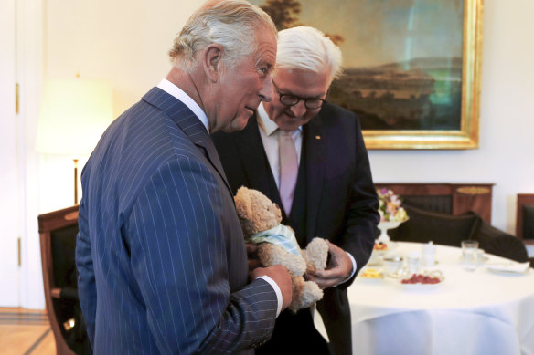 King Charles, then the Prince of Wales, receives a new teddy bear from German President Frank-Walter Steinmeier in Bellevue Castle in Berlin in 2019.