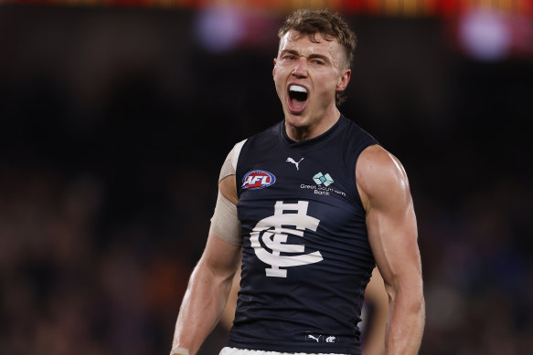 Patrick Cripps celebrating a goal. 