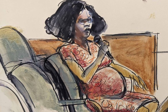 In this courtroom sketch Jerhonda Pace testifies against R&B star R. Kelly during the singer’s sex abuse trial.