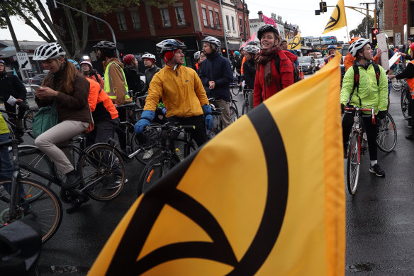 Protesters on pushbikes shut down parts of the city on Wednesday.