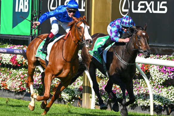Cascadian, left, charges over the top of Pride Of Jenni to win this year’s Australian Cup.